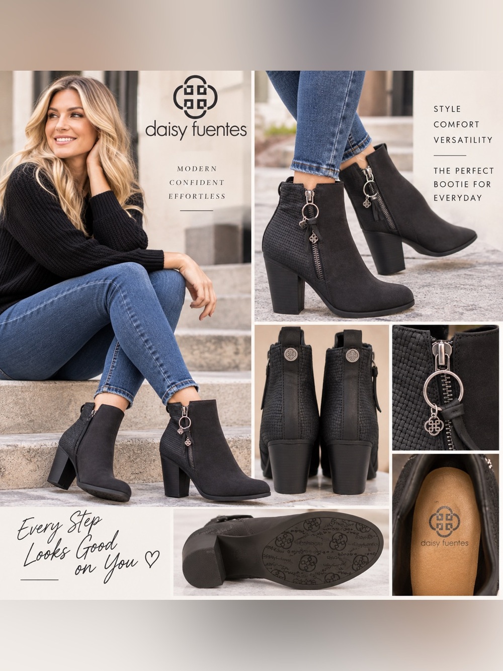 Daisy Fuentes Black Woven Ankle Boots Chunky Block Heel Side Zip Booties